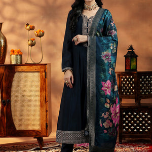 Blue Yoke Design Silk Blend A-Line Kurta With Trousers & Dupatta