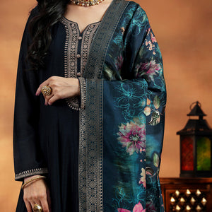Blue Yoke Design Silk Blend A-Line Kurta With Trousers & Dupatta