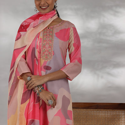 Cream Printed Cotton Blend Straight Suit With Dupatta