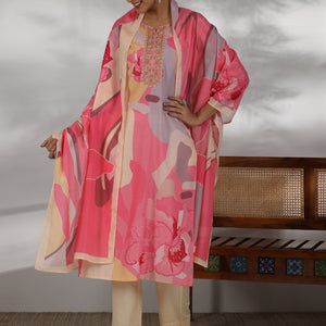 Cream Printed Cotton Blend Straight Suit With Dupatta