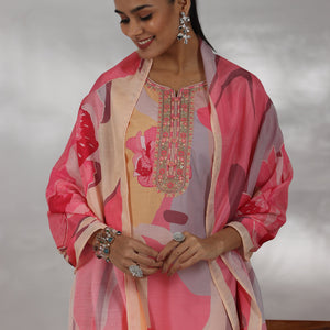 Cream Printed Cotton Blend Straight Suit With Dupatta