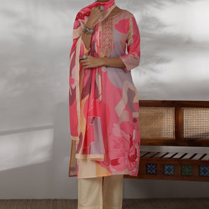 Cream Printed Cotton Blend Straight Suit With Dupatta