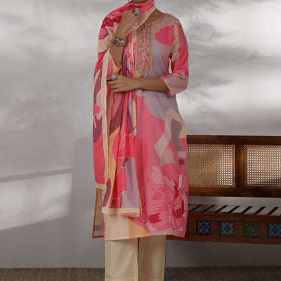 Cream Printed Cotton Blend Straight Suit With Dupatta