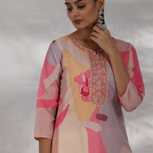 Cream Printed Cotton Blend Straight Suit With Dupatta