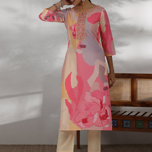 Cream Printed Cotton Blend Straight Suit With Dupatta