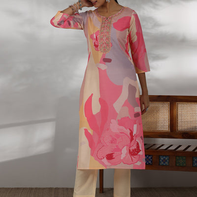Cream Printed Cotton Blend Straight Suit With Dupatta
