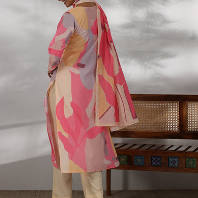 Cream Printed Cotton Blend Straight Suit With Dupatta
