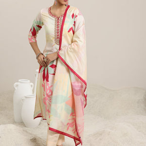 Cream Printed Cotton Blend Straight Suit With Dupatta