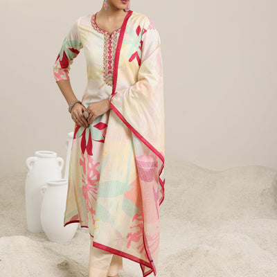 Cream Printed Cotton Blend Straight Suit With Dupatta