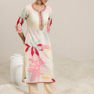 Cream Printed Cotton Blend Straight Suit With Dupatta