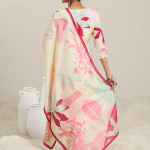 Cream Printed Cotton Blend Straight Suit With Dupatta