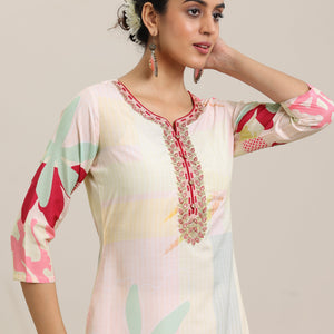 Cream Printed Cotton Blend Straight Suit With Dupatta