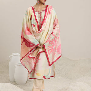 Cream Printed Cotton Blend Straight Suit With Dupatta