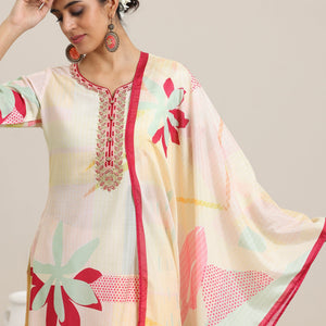 Cream Printed Cotton Blend Straight Suit With Dupatta