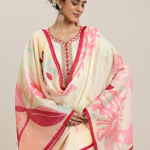 Cream Printed Cotton Blend Straight Suit With Dupatta