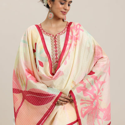 Cream Printed Cotton Blend Straight Suit With Dupatta