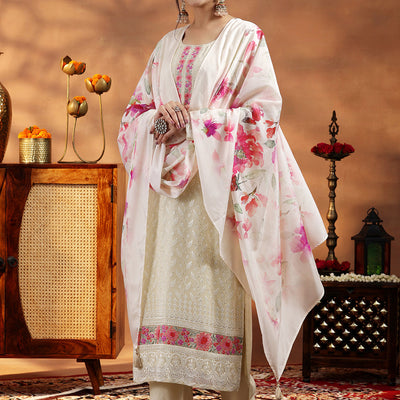 Cream Embroidered Georgette Straight Suit With Dupatta