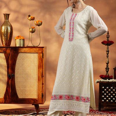 Cream Embroidered Georgette Straight Suit With Dupatta
