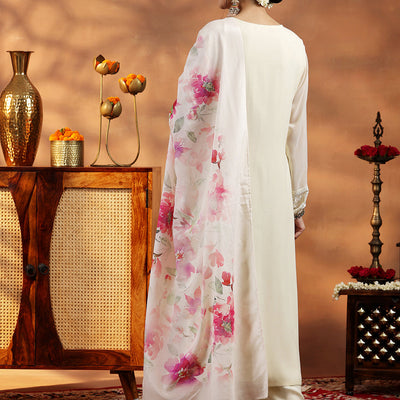 Cream Embroidered Georgette Straight Suit With Dupatta