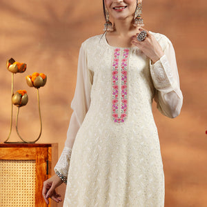 Cream Embroidered Georgette Straight Suit With Dupatta