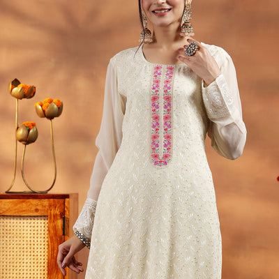 Cream Embroidered Georgette Straight Suit With Dupatta