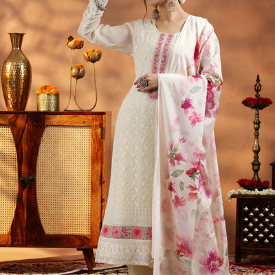 Cream Embroidered Georgette Straight Suit With Dupatta