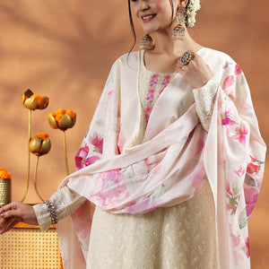 Cream Embroidered Georgette Straight Suit With Dupatta
