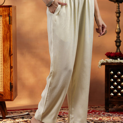 Cream Embroidered Georgette Straight Suit With Dupatta