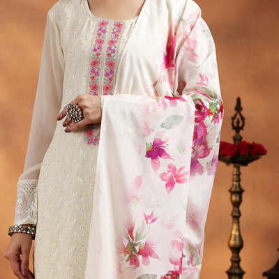 Cream Embroidered Georgette Straight Suit With Dupatta