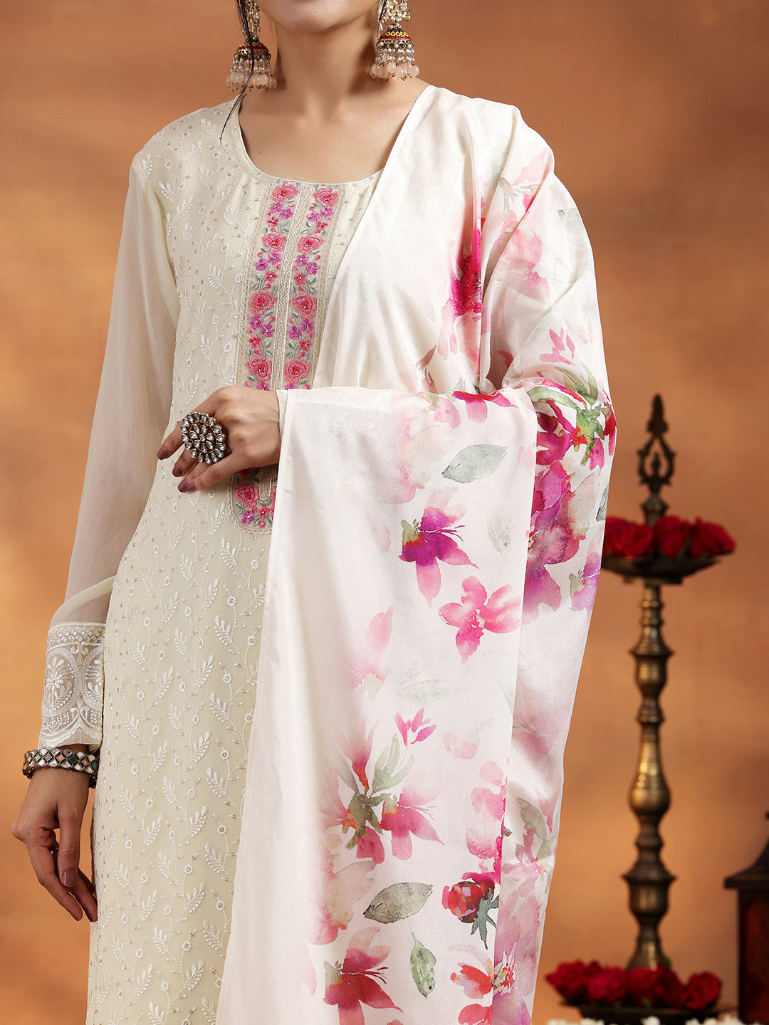 Cream Embroidered Georgette Straight Suit With Dupatta