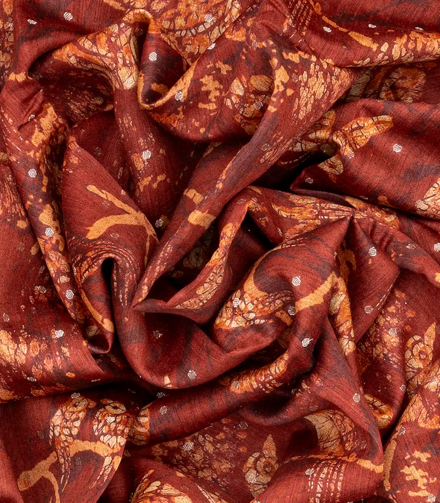 Rust Handwoven Printed Tussar Silk Saree With Bird Motifs-Rust