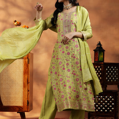 Green Woven Design Silk Blend Straight Suit With Dupatta