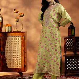 Green Woven Design Silk Blend Straight Suit With Dupatta