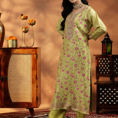 Green Woven Design Silk Blend Straight Suit With Dupatta