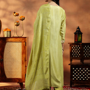 Green Woven Design Silk Blend Straight Suit With Dupatta