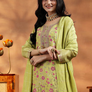 Green Woven Design Silk Blend Straight Suit With Dupatta