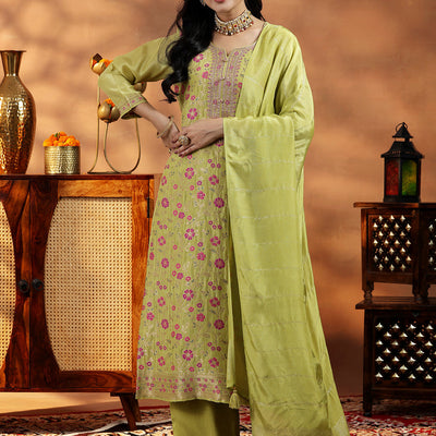 Green Woven Design Silk Blend Straight Suit With Dupatta