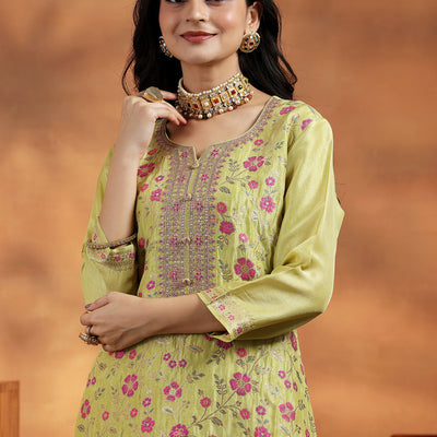 Green Woven Design Silk Blend Straight Suit With Dupatta