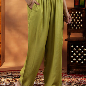 Green Woven Design Silk Blend Straight Suit With Dupatta