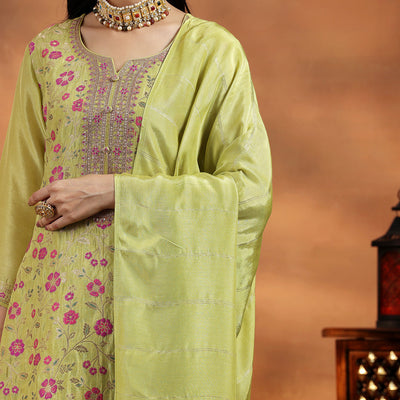 Green Woven Design Silk Blend Straight Suit With Dupatta