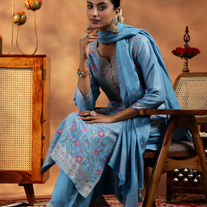 Blue Woven Design Silk Blend Straight Suit With Dupatta