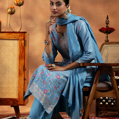 Blue Woven Design Silk Blend Straight Suit With Dupatta