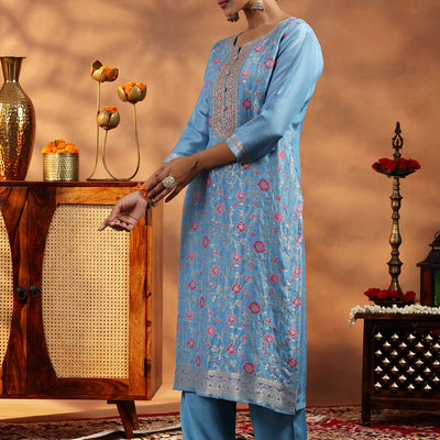 Blue Woven Design Silk Blend Straight Suit With Dupatta