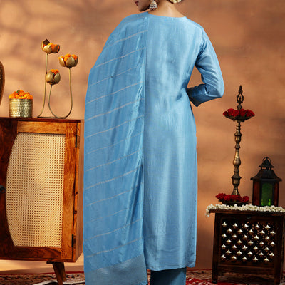 Blue Woven Design Silk Blend Straight Suit With Dupatta