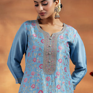 Blue Woven Design Silk Blend Straight Suit With Dupatta