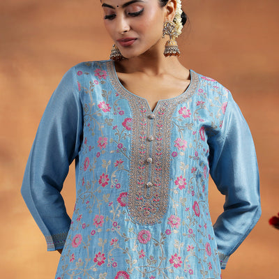 Blue Woven Design Silk Blend Straight Suit With Dupatta