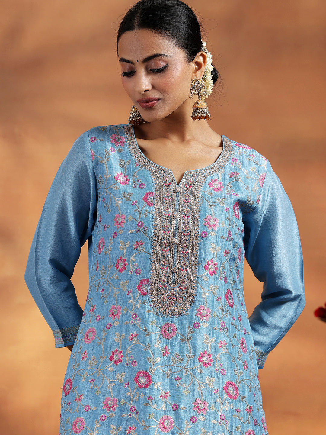 Blue Woven Design Silk Blend Straight Suit With Dupatta