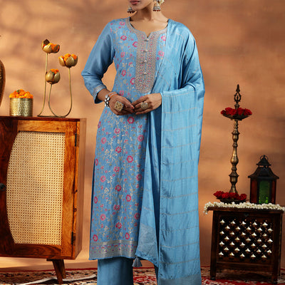 Blue Woven Design Silk Blend Straight Suit With Dupatta