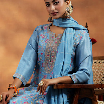Blue Woven Design Silk Blend Straight Suit With Dupatta