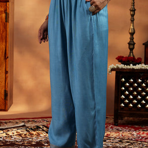 Blue Woven Design Silk Blend Straight Suit With Dupatta